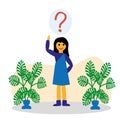 The girl raised her hand up, points to the question mark, business idea